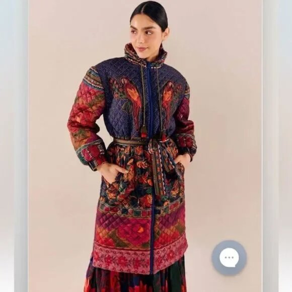 Farm Rio Mixed Patchwork Reversible Quilted Midi Puffer Coat Sz M